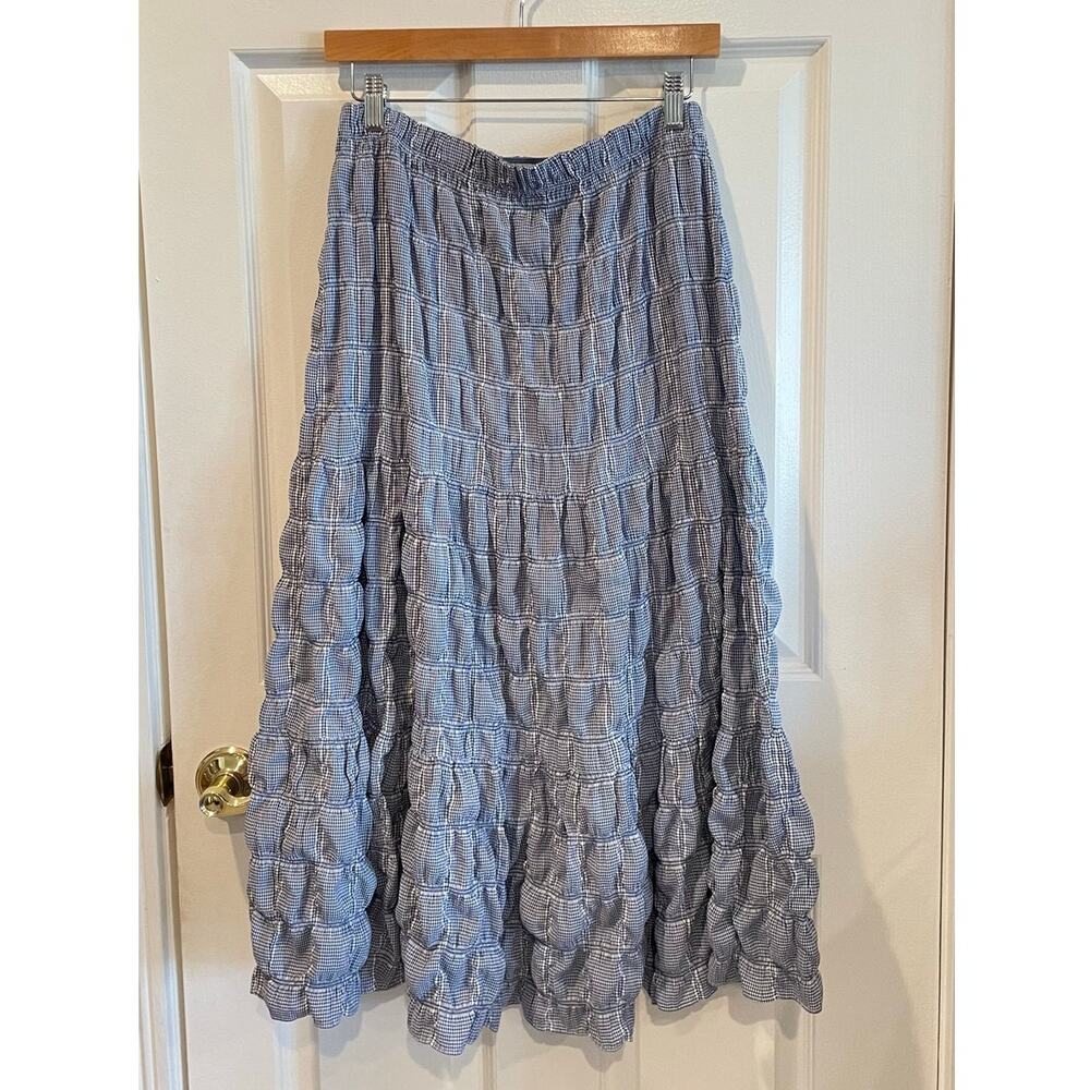 Max Studio Blue White Bubble Gingham Tiered Maxi Skirt Smocked Size Small